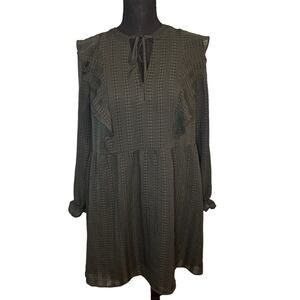 LOFT Green Textured Long Sleeve Ruffle Keyhole Neckline Dress
